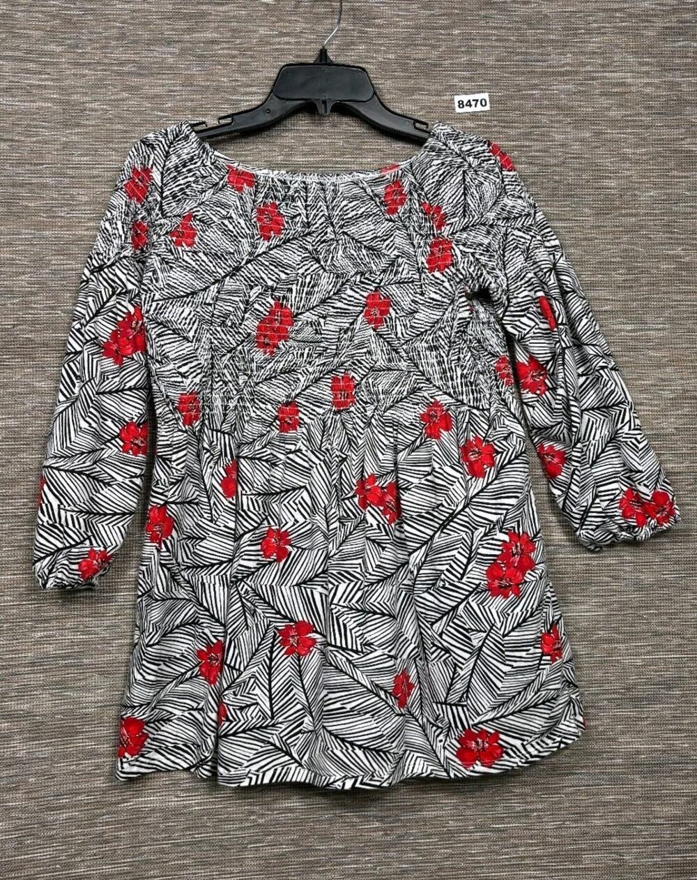 J Jill Smocked Tunic Top Womens Size S White Black 3/4 Sleeve Boho Floral Print